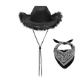 Cappello da cowboy nero con piume e bandana con motivo paisley in un set coordinato - Set 2 Pezzi Piume Nere Filo d'Argento