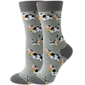 Detail view of cow pattern novelty mid-calf socks in grey and white textile fabric - Grey Mother and Baby Cow