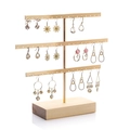 Three-tier gold metal earring organizer stand with rectangle solid wood base - Gold 52 Holes (Pine Base)