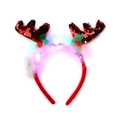 Detail of LED Christmas reindeer antler headband with sequins, green leaves and white feathers - Sequins Feather Antlers Red