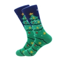 Blue and green Christmas socks with festive tree patterns and star accents - One Size / Christmas Tree