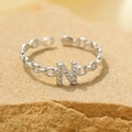 Adjustable S925 sterling silver chain ring with pavé diamond initial N charm - Silver-Letter N