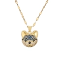 Detailed view of a gold-plated dog pendant necklace with sparkling colorful zircon inlay - Blue