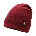 Thick burgundy winter knit beanie with sports tag shown in a professional side profile - One Size / Skiing Red