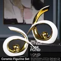 Nordic abstract ceramic sculpture set with white glaze and golden spheres for office decor - Lucky Six Abstract Style White Gold Set