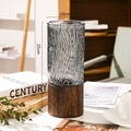 Gray bark textured glass vase with a dark brown wood base, size 10x25cm on a table - Ripple Smoke Grey With Wood Base