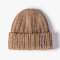 Brown ribbed knit beanie with purple X embroidery details for winter warmth - One Size / Khaki