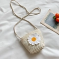 Chic cream-colored straw bucket bag for girls featuring a large white daisy flower applique - Flower