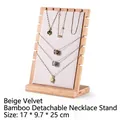 Beige velvet and bamboo necklace display stand with side notches, 17x9.7x25cm - Beige Velvet