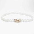 Elegant white pearl elastic belt featuring a decorative golden rhinestone bow buckle - Rhinestone Bowknot Buckle (KL139-23)