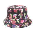Black bucket hat with colorful psychedelic mushroom pattern for outdoor casual wear - M (56-58cm) / Black Allover Mushroom (16#)