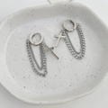 Silver stainless steel cross tassel earrings with double chains on a ceramic tray - Steel Color(DEG415)