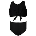 Two-piece black girls' bikini with halter neck top and high-waisted shorts - Black Two-Piece Set (Plain Bottom)