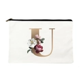 Canvas makeup bag with gold letter U and pink peony flowers on a beige background - Letter U