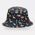 Detalle de gorro de pescador negro con estampados de dinosaurios coloridos y volcanes - M (56-58cm) / Elemento de Volcán de Dinosaurio (#05)