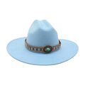 Light blue western cowboy fedora with ethnic embroidery and turquoise stone detail - Large Brim Oval Blue Stone / Light Blue