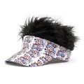 Funny white baseball cap with brown hair wig and colorful artistic text print - Adjustable / Black