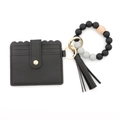 Black silicone beaded bracelet keychain with PU leather card holder and tassel - Black