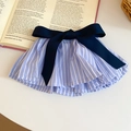 Detail of blue and white striped fabric hair tie with a large navy blue bow accent - Large Bow Hair Claw / Blue Stripe