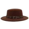 Close-up of leopard print ribbon and gold buckle detail on brown wool felt boater hat - M (56-58cm) / Dark Coffee