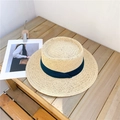 Flat top straw sun hat with navy blue ribbon detail on a rustic wooden background - M (56-58cm) / Beige Fedora-Navy Ribbon