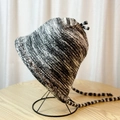 Winter knitted beanie scarf set in grey-white mixed color with long chin straps - Black Grey Rainbow Hat