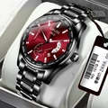 Men's quartz watch with black stainless steel band and deep red sunray dial - Dark Black Band Red Dial
