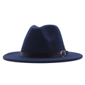 Navy blue wool fedora hat with black leather belt and silver buckle on white background - M / Navy Blue