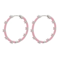 Macro detail of silver hoop earrings featuring pink enamel and set pink cubic zirconia stones - Silver Pink