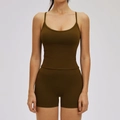 Women's dark olive green yoga set with thin strap tank top and high waist sports shorts - S / Vest 2 + Shorts — Dark Brown