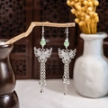 Long butterfly tassel earrings in silver finish with green beads for Hanfu style - Silver Butterfly Tassel Long Dangle Earrings(E6109-31)