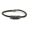 Detailed view of dark green braided leather bracelet with silver magnetic cross clasp - Platinum T