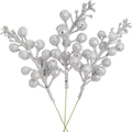 Three silver glitter berry stems for Christmas tree decoration with sparkly metallic finish - 15 Heads Berry Stem / Silver