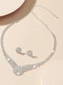 Luxury silver flower necklace and button earring set with clear sparkling zircons - DTN14026342S-Silver Wide Round Pendant