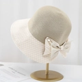 Elegant sun hat with mesh bow and straw stitching on a professional display stand - M(56-58cm) / White