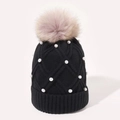 Black knit beanie with pearls and large pom pom, warm winter hat for women - Black