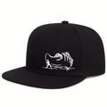 Ρυθμιζόμενο μαύρο καπέλο snapback με λευκό κέντημα ψαροκόκαλο, θέα από γωνία 45 μοιρών - Ρυθμιζόμενο / Στυλ Κέντημα Σκελετός Πεσκαντρίτσας / Μαύρο