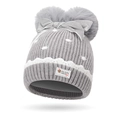 Bonnet tricoté gris pour bébé avec grands pompons en fourrure, nœud velours et patch ours - Taille Unique (3M-5Y) / Gris