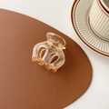 Detailed view of an amber acrylic hair claw clip resting on a textured leather surface - Glossy Champagne (Large Approx. 5cm)