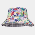 Detail of wide brim sun hat showing vibrant leaf print and black and white check pattern - M (56-58cm) / Multicolor Floral Patchwork & Black-White Plaid (11#)