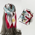 Floral satin square silk scarf with white background, red border and butterfly prints - L7343-Red Edge