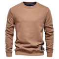 Détails des poignets et de l'ourlet côtelés sur un sweat marron à col rond pour homme - S / Kaki