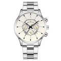 Silver stainless steel business watch for men with a cream dial and triple sub-dials - White Dial Silver Band (Flat End)