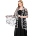 Elegant black mesh shawl with silver sequin floral embroidery for formal evening dresses - Black & Silver