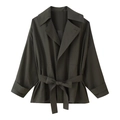 Kurzer olivgrüner Trenchcoat mit großem Revers und Taillengürtel für minimalistische Herbstmode - XS / Armeegrün Oberteil