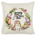Easter bunny pillow case with 'Bunny Loves You' text and floral wreath on linen fabric - Zl2002064-26 / 45*45cm Cover Only