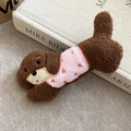 Detail of plush brown puppy hair clip wearing a pink heart knit sweater for girls - Brown Dog in Pink Heart Outfit (Duckbill Clip)