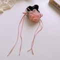 Elegante elastico per capelli con rosa in rete rosa e nastri di raso nero - 43# Elastico per capelli con nappa a fiore di rosa rosa