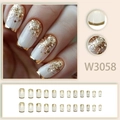 Faux ongles luxe style français blanc et doré avec paillettes étincelantes et étoiles - 24 Pièces (Avec Colle) / Français Blanc Or Dégradé Étoile (W3058)