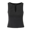Women's minimalist black sleeveless V-neck top with notch collar in slim fit style - S / Black